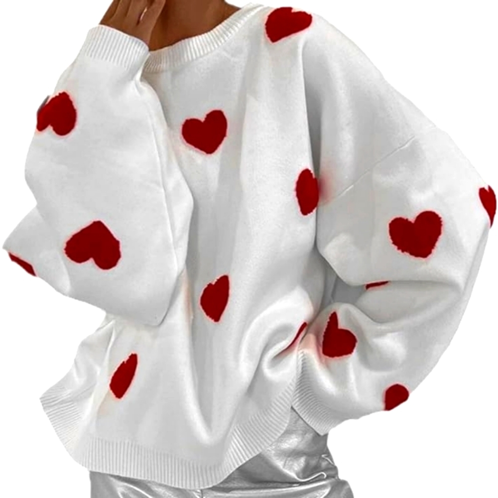 Women's Cute Valentine Heart Embroidery Knitted Loose Pullover Sweater